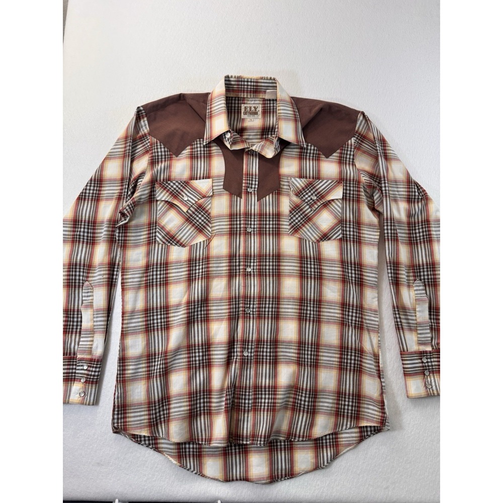 Ely Cattleman Pearl Snap Shirt Mens Medium Tan Brown Plaid Western Long Sleeve